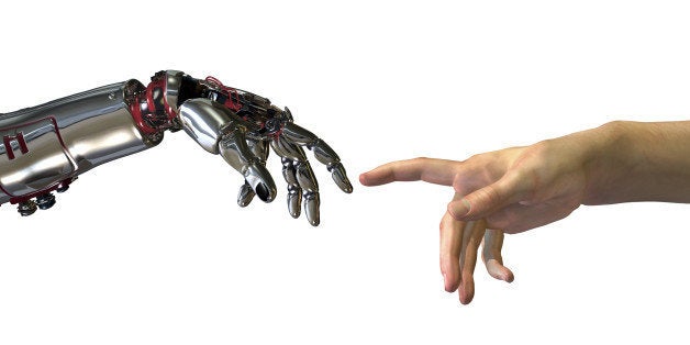 Robot and human hands almost touching - 3D render. A modern take on the famous Michelangelo painting in the Sistine Chapel; t