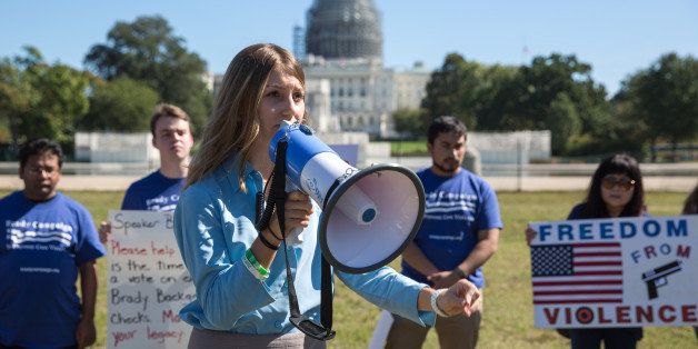 WASHINGTON, DC-OCT6: Emma Iannini, 21, from Newtown, Connecticut and President of Georgetown against Gun Violence, speaks at a rally of university students, organized by the Brady Campaign to Prevent Gun Violence, on Capitol Hill October 6, 2015, to call on Congress to vote on sensible gun reform and finish the job the Brady law started - reform supported by 90% of Americans. The rally comes less than a week after the deadly shooting rampage in Oregon that killed nine people at Umpqua Community College. The shooting has sparked national outrage and renewed interest in the responsibility of lawmakers to listen to and protect the constituents they claim to represent. (Photo by Evelyn Hockstein/For The Washington Post via Getty Images)