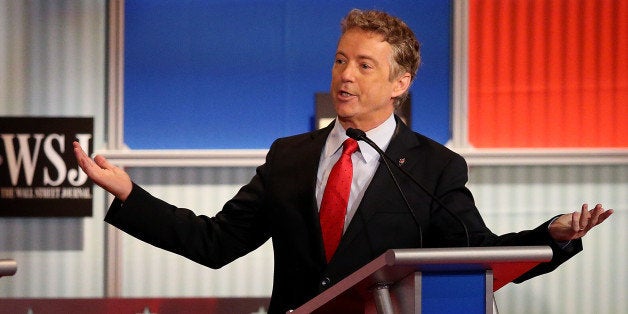 MILWAUKEE, WI - NOVEMBER 10: Republican presidential candidate U.S. Sen. Rand Paul (R-KY) speaks during the Republican Presidential Debate sponsored by Fox Business and the Wall Street Journal at the Milwaukee Theatre on November 10, 2015 in Milwaukee, Wisconsin. The fourth Republican debate is held in two parts, one main debate for the top eight candidates, and another for four other candidates lower in the current polls. (Photo by Scott Olson/Getty Images)