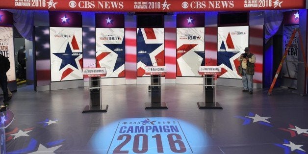 A November 14, 2015 photo shows the set where the Democratic Presidential Debate will take place in Sheslow Auditorium in the Old Main building at Drake University in Des Moines, Iowa. The second Democratic debate, hosted by CBS News and Twitter, will take place later on November 14th. AFP PHOTO/MANDEL NGAN (Photo credit should read MANDEL NGAN/AFP/Getty Images)