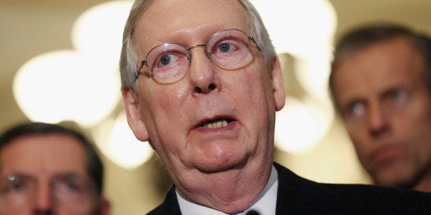 WASHINGTON, DC - NOVEMBER 10: Senate Majority Leader Mitch McConnell (R-KY) (C) and fellow GOP leaders talk to reporters after the weekly Republican policy luncheon at the U.S. Capitol November 10, 2015 in Washington, DC. The Senate passed the Defense Authorization Act by a vote of 91-3, sending the spending bill back to President Barack Obama with language that will make it hard for him to close the military prison at Guantanamo before he leaves office in 2017. (Photo by Chip Somodevilla/Getty Images)