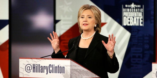 Hillary Rodham Clinton makes a point during a Democratic presidential primary debate, Saturday, Nov. 14, 2015, in Des Moines, Iowa. (AP Photo/Charlie Neibergall)