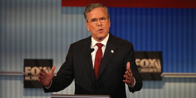 MILWAUKEE, WI - NOVEMBER 10: Republican presidential candidate Jeb Bush speaks during the Republican Presidential Debate sponsored by Fox Business and the Wall Street Journal at the Milwaukee Theatre November 10, 2015 in Milwaukee, Wisconsin. The fourth Republican debate is held in two parts, one main debate for the top eight candidates, and another for four other candidates lower in the current polls. (Photo by Scott Olson/Getty Images)