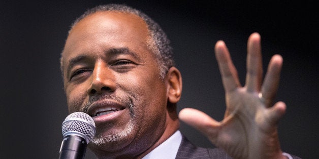 WILTON, IA - NOVEMBER 22: Republican presidential candidate Ben Carson speaks to guests at a barbeque hosted by Jeff Kauffman, chairman of the Republican party of Iowa, on November 22, 2015 in Wilton, Iowa. The event, which was also attended by rival candidate Carly Fiorina, was one of three scheduled campaign stops for Carson in Iowa today. (Photo by Scott Olson/Getty Images)