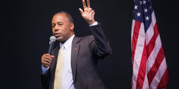 WILTON, IA - NOVEMBER 22: Republican presidential candidate Ben Carson speaks to guests at a barbeque hosted by Jeff Kauffman, chairman of the Republican party of Iowa, on November 22, 2015 in Wilton, Iowa. The event, which was also attended by rival candidate Carly Fiorina, was one of three scheduled campaign stops for Carson in Iowa today. (Photo by Scott Olson/Getty Images)