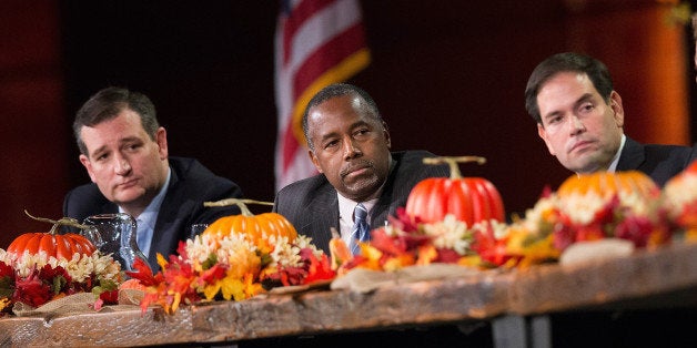 DES MOINES, IA - NOVEMBER 20: Republican presidential candidates (LtoR) Ted Cruz (R-TX), Ben Carson, Sen. Marco Rubio (R-FL), Sen. Rand Paul (R_KY), attend the Presidential Family Forum on November 20, 2015 in Des Moines, Iowa. Attendance at the event was lower than organizers had hoped as an early-winter snowstorm moved through the area dumping several inches of snow on the city. (Photo by Scott Olson/Getty Images)