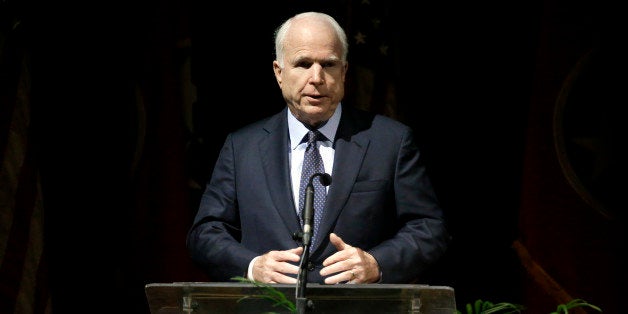 Sen. John McCain, R-Ariz., speaks during a service for Fred Thompson, a former United States senator, actor and Republican presidential candidate, Friday, Nov. 6, 2015, in Nashville, Tenn. Thompson died Nov. 1 in Nashville. He was 73. (AP Photo/Mark Humphrey)