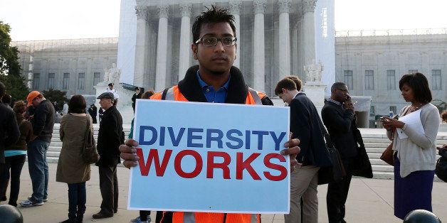 WASHINGTON, DC - OCTOBER 10: Travis Ballie holds a sign that reads (Diversity Works) in front of the U.S. Supreme Court on October 10, 2012 in Washington, DC. Today the high court is scheduled to hear arguments on Fisher v University of Texas at Austin, and are tasked with ruling on whether the university's consideration of race in admissions is constitutional. (Photo by Mark Wilson/Getty Images)