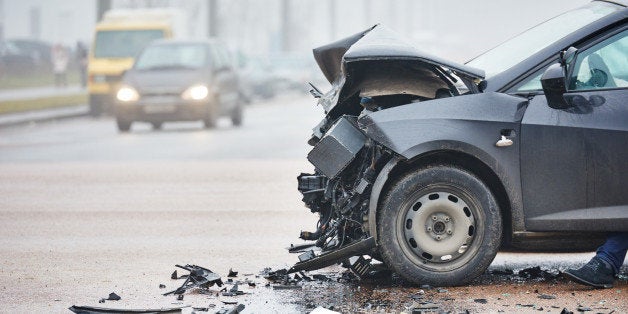 car crash accident on street, damaged automobiles after collision in city