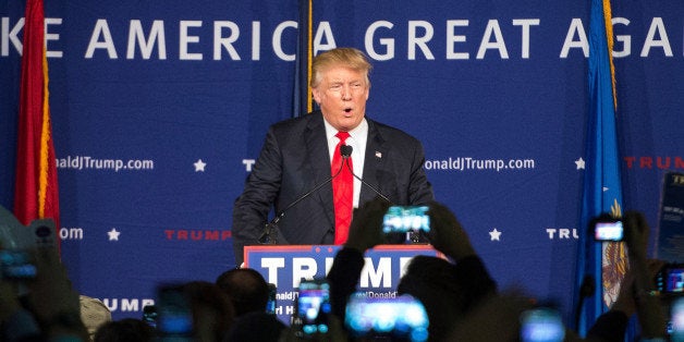 MT. PLEASANT, SC - DECEMBER 7: (EDITORS NOTE: Retransmission with alternate crop.) Republican presidential candidate Donald Trump speaks to the crowd at a Pearl Harbor Day Rally at the U.S.S. Yorktown December 7, 2015 in Mt. Pleasant, South Carolina. The South Carolina Republican primary is scheduled for February 20, 2016. (Photo by Sean Rayford/Getty Images)