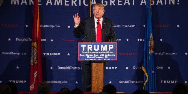 MT. PLEASANT, SC - DECEMBER 7: Republican presidential candidate Donald Trump speaks to the crowd at a Pearl Harbor Day Rally at the U.S.S. Yorktown December 7, 2015 in Mt. Pleasant, South Carolina. The South Carolina Republican primary is scheduled for February 20, 2016. (Photo by Sean Rayford/Getty Images)