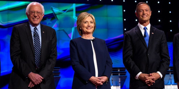 LAS VEGAS, NV - October 13: bernie Sanders, Hillary Clinton and Martin O'Malley pictured at the 2015 CNN Democratic Presidential Debate at Wynn Resort in Las Vegas, NV on October 13, 2015. Credit: Erik Kabik Photography/ MediaPunch/IPX