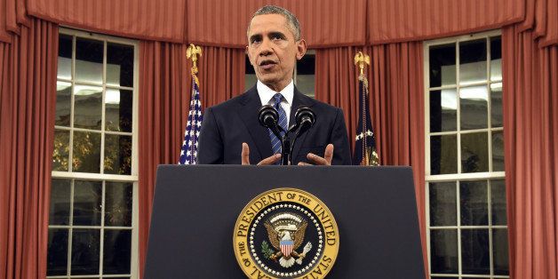 President Barack Obama addresses the nation from the Oval Office at the White House in Washington, Sunday night, Dec. 6, 2016. The president announced no significant shift in U.S. strategy and offered no new policy prescriptions for defeating the Islamic State, underscoring both his confidence in his current approach and the lack of easy options for countering the extremist group. (Saul Loeb/Pool Photo via AP