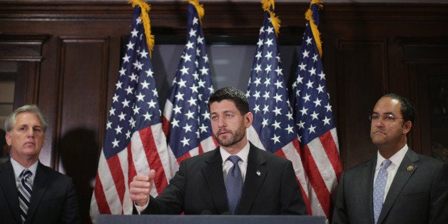 WASHINGTON, DC - DECEMBER 08: Speaker of the House Paul Ryan (R-WI) (C) and members of the House GOP leadership, including M