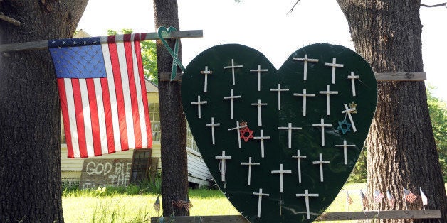 Sandy Hook Elementary School shooting, heart and cross memorial near Sandy Hook Firehouse on Riverside Road in Sandy Hook, CT (Photo By: Enid Alvarez/NY Daily News via Getty Images)