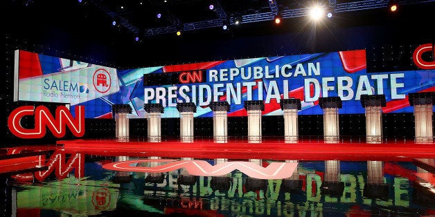 LAS VEGAS, NV - DECEMBER 15: A view of the stage for the CNN Republican presidential debate at The Venetian Las Vegas on December 15, 2015 in Las Vegas, Nevada. Thirteen Republican presidential candidates are participating in the fifth set of presidential debates. (Photo by Justin Sullivan/Getty Images)