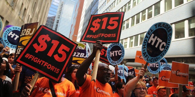NEW YORK, NY - JULY 22: Labor leaders, workers and activists attend a rally for a $15 minimum hourly wage on July 22, 2015