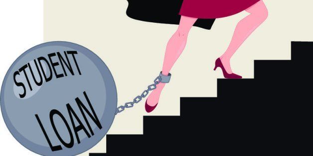 Young woman in a graduation mantle and a hat climbing stairs with a heavy ball chained to her leg, vector illustration