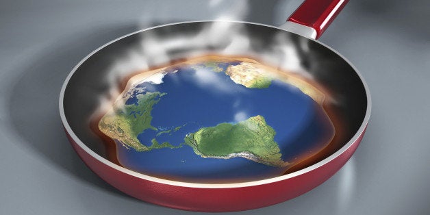Global warming concept with earth melted down in a frying pan. High resolution 3D rendering.World map's obtained from the Nas