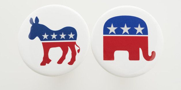 Democrat Donkey and Republican Elephant symbols on political buttons.