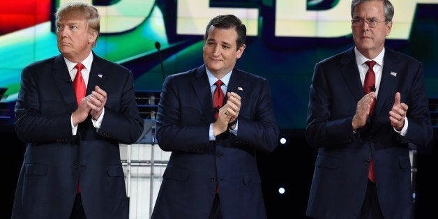 Republican presidential candidates (L-R) businessman Donald Trump, Texas Sen. Ted Cruz, and former Gov. Florida Jeb Bush cla