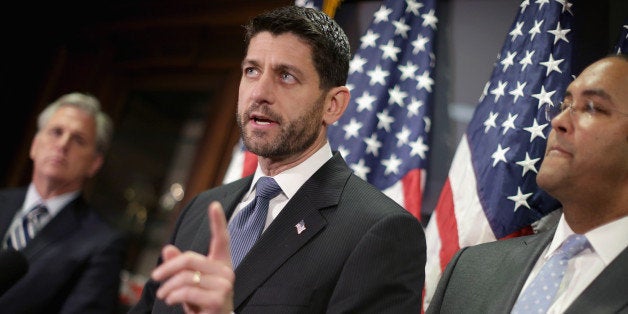 WASHINGTON, DC - DECEMBER 08: Speaker of the House Paul Ryan (R-WI) (C) and members of the House GOP leadership, including Majority Leader Kevin McCarthy (R-CA) (L) and Rep. Will Hurd (R-TX), hold a news briefing following the weekly Republican Conference meeting at the U.S. Capitol December 8, 2015 in Washington, DC. The House is preparing to vote on legislation that would deny visa-free travel to anyone who has been in Iraq, Syria or any country with significant terror activity in the past five years and changes to the visa waiver program, which allows citizens from 38 countries to travel to the U.S. without a visa. (Photo by Chip Somodevilla/Getty Images)