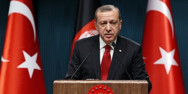 ANKARA, TURKEY - DECEMBER 24: President of Turkey Recep Tayyip Erdogan delivers a speech during the joint press conference with President of Afghanistan Ashraf Ghani (not seen) at Presidential Complex in Ankara, Turkey on December 24, 2015. (Photo by Murat Kaynak/Anadolu Agency/Getty Images)