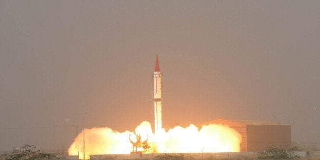 ARABIAN SEA, PAKISTAN - DECEMBER 11: Pakistan test-fires a Shaheen-III intermediate-range nuclear-capable ballistic missile in Pakistan on December 11, 2015. The missile had been first officially revealed earlier this year. The missile was fired at the Arabian Sea and traveled 2,750km, its reported maximum range, said the Pakistani Armys press service ISPR. (Photo by Pakistani Army Press Service ISPR/Anadolu Agency/Getty Images)