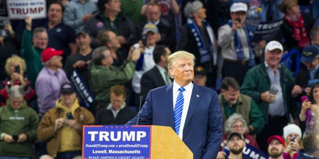 LOWELL, MA - January 4: Donald Trump speaks without a teleprompter to a crowd on January 4, 2016, in Lowell, Massachusetts. Thousands attended the rally in packed Paul E. Tsongas Center Arena at UMass Lowell. (Photo by Ann Hermes/The Christian Science Monitor via Getty Images)