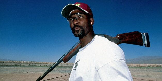 UTAH - 2001: Karl Malone #32 of the Utah Jazz goes hunting in Utah circa 2001. NOTE TO USER: User expressly acknowledges and agrees that, by downloading and/or using this Photograph, user is consenting to the terms and conditions of the Getty Images License Agreement. Mandatory Copyright Notice: Copyright 2001 NBAE (Photo by Juan O'Campo/NBAE via Getty Images)