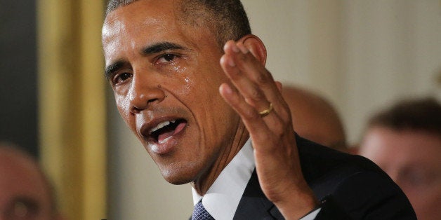 WASHINGTON, DC - JANUARY 05: With tears running down his cheeks, U.S. President Barack Obama talks about the victims of the 2012 Sandy Hook Elementary School shooting and about his efforts to increase federal gun control in the East Room of the White House January 5, 2016 in Washington, DC. Without approval from Congress, Obama is sidestepping the legislative process with executive actions to expand background checks for some firearm purchases and step up federal enforcement of existing gun laws. (Photo by Chip Somodevilla/Getty Images)