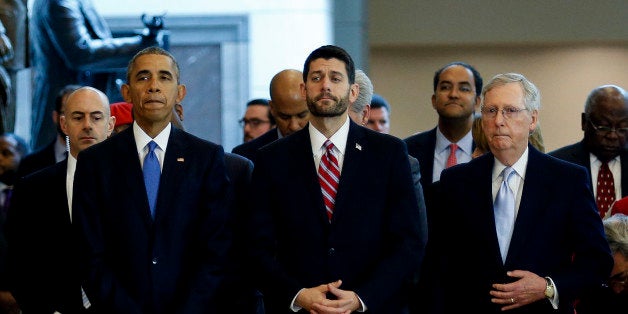 WASHINGTON, DC - DECEMBER 09: US President Barack Obama (L) stands next to Speaker of the House Paul Ryan (C) and Senate Maj