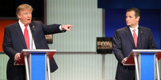 NORTH CHARLESTON, SC - JANUARY 14: Republican presidential candidates (L-R) Donald Trump and Sen. Ted Cruz (R-TX) participate in the Fox Business Network Republican presidential debate at the North Charleston Coliseum and Performing Arts Center on January 14, 2016 in North Charleston, South Carolina. The sixth Republican debate is held in two parts, one main debate for the top seven candidates, and another for three other candidates lower in the current polls. (Photo by Scott Olson/Getty Images)