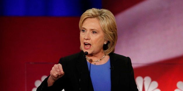 Democratic presidential candidate, Hillary Clinton speaks at the NBC, YouTube Democratic presidential debate at the Gaillard Center, Sunday, Jan. 17, 2016, in Charleston, S.C. (AP Photo/Mic Smith)