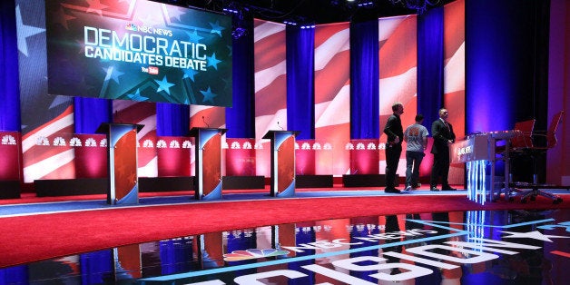 CHARLESTON, SC - JANUARY 17: The stage at the Gaillard Center is prepared for tonight's Democratic debate on January 17, 2016 in Charleston, South Carolina. Democratic presidential hopefuls Hillary Clinton, Bernie Sanders and Martin O'Malley spent yesterday campaigning in South Carolina in lead up to tonight's debate. (Photo by Andrew Burton/Getty Images)