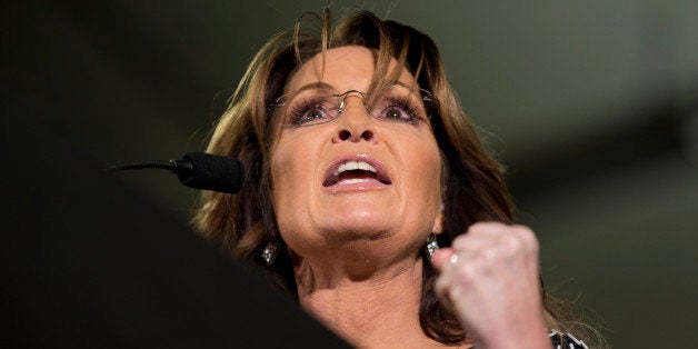 Former Alaska Gov. Sarah Palin speaks during a rally where she endorses Republican presidential candidate Donald Trump at the