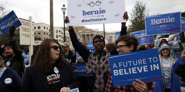 Supporters of Senator Bernie Sanders, an independent from Vermont and 2016 Democratic presidential candidate, not pictured, c