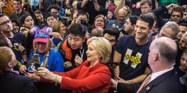 WEST DES MOINES, IA - JANUARY 24: Democratic presidential candidate Hillary Clinton greets audience members following a campaign event at Valley Southwoods Freshman High School on January 24, 2016 in West Des Moines, Iowa. The Democratic and Republican Iowa Caucuses, the first step in nominating a presidential candidate from each party, will take place on February 1. (Photo by Brendan Hoffman/Getty Images)