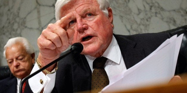 WASHINGTON - SEPTEMBER 11: Sen. Ted Kennedy (D-MA) asks questions during a hearing of the Senate Armed Services Committee with General David Petraeus and U.S. Ambassador to Iraq Ryan Crocker on Capitol Hill September 11, 2007 in Washington, DC. Earlier in the day, Petraeus and Crocker also appeared before the Senate Foreign Relations Committee to continue delivering their reports on progress made in Iraq since additional U.S. troops were sent to the nation earlier this year. (Photo by Alex Wong/Getty Images)