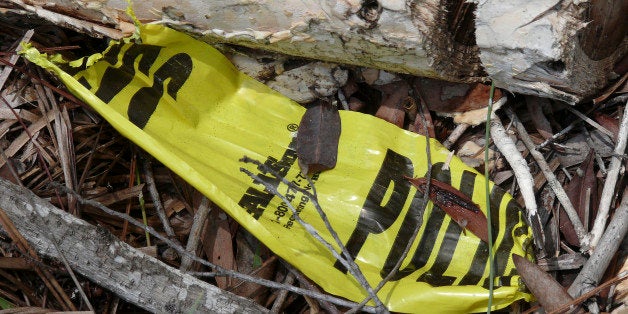 NBC NEWS -- Pictured: Small pieces of police tape left behind at the wooded site in Ft Myers, Florida, where eight sets of human bones were discovered -- On March 23, 2007, the skeletal remains of eight humans were discovered in a melaleuca forest in Ft Myers, Florida. Approximately 90 percent of each body's bones were recovered. Now police investigators, forensic anthropologists and other scientific experts are working to unravel the mystery of who these people were in life, and what brought them to this final resting place. Current science suggests all eight were men, between the ages of 18 and 49, who died some time between the years 1980 and 2000 -- Photo taken in Fort Myers, Florida on July 2, 2007 (Photo by Stephanie Himango/NBC/NBCU Photo Bank via Getty Images)