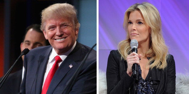 (FILE PHOTO) In this composite image a comparison has been made between Donald Trump (L) and Megyn Kelly ***LEFT IMAGE*** CLEVELAND, OH - AUGUST 06: Republican presidential candidate Donald Trump participates in the first prime-time presidential debate hosted by FOX News and Facebook at the Quicken Loans Arena August 6, 2015 in Cleveland, Ohio. The top-ten GOP candidates were selected to participate in the debate based on their rank in an average of the five most recent national political polls. (Photo by Chip Somodevilla/Getty Images) **RIGHT IMAGE*** NEW YORK, NY - NOVEMBER 08: (L-R): Megyn Kelly, FOX News Channel Anchor speaks onstage during Cosmopolitan Magazine's Fun Fearless Life Conference powered by WME Live at The David Koch Theatre at Lincoln Center on November 8, 2014 in New York City. (Photo by Craig Barritt/Getty Images for Cosmopolitan Magazine and WME Live)