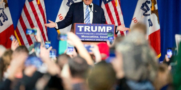 Republican presidential candidate Donald Trump speaks at a rally at Muscatine High School in Muscatine, Iowa, Sunday, Jan. 24, 2016. (AP Photo/Andrew Harnik)