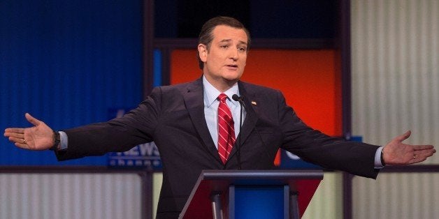 Republican Presidential candidate Texas Senator Ted Cruz gestures during the Republican Presidential debate sponsored by Fox