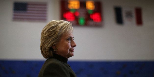 NEWTON, IA - JANUARY 28: Democratic presidential candidate, former Secretary of State Hillary Clinton looks on during a 'get out the caucus' event at Berg Middle School on January 28, 2016 in Newton, Iowa. With less than a week to go before the Iowa caucuses, Hillary Clinton is campaigning throughout Iowa. (Photo by Justin Sullivan/Getty Images)