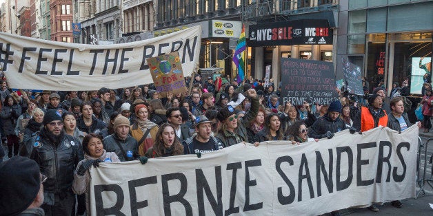 MANHATTAN, NEW YORK, NY, UNITED STATES - 2016/01/30: Demonstrators hold signs and chant in support of Bernie Sanders. Support