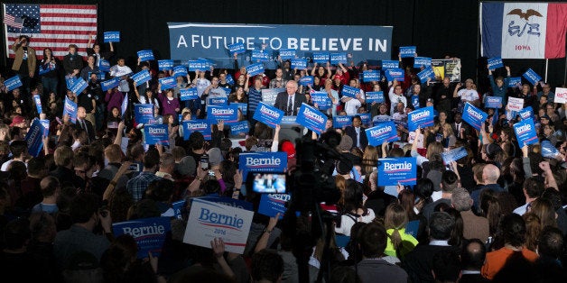 Democratic presidential candidate Sen. Bernie Sanders, I-Vt., addresses the crowd at a campaign rally at Grand View Universit