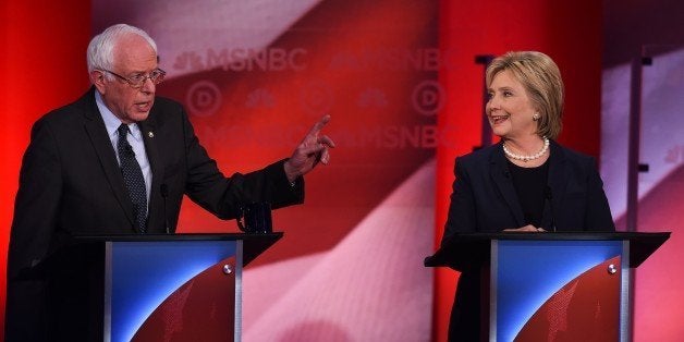 US Democratic presidential candidates Hillary Clinton (R) and Bernie Sanders participate in the MSNBC Democratic Candidates Debate at the University of New Hampshire in Durham on February 4, 2016. Clinton and Sanders face off on February 4, in the first debate since their bruising Iowa clash that the former secretary of state won by a hair, as they gear for a battle royale in New Hampshire. / AFP / Jewel Samad (Photo credit should read JEWEL SAMAD/AFP/Getty Images)