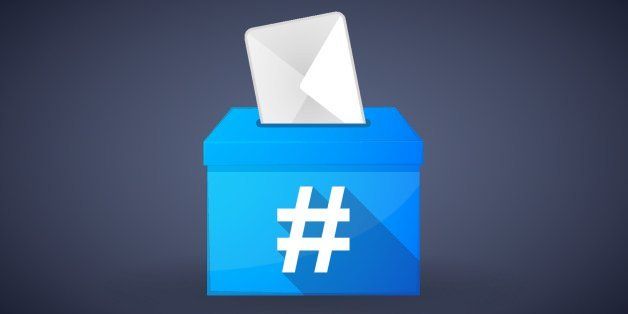 Illustration of a blue ballot box with a hash tag