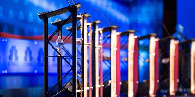 BOULDER, CO - OCTOBER 27: The stage is prepared for the CNBC Republican presidential debate at the University of Colorado on