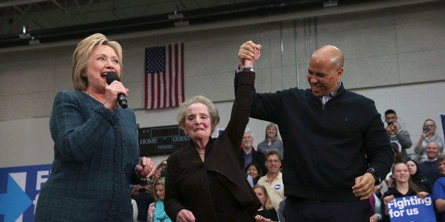 CONCORD, NH - FEBRUARY 06: (L-R) Democratic presidential candidate former Secretary of State Hillary Clinton, former Secretary of State Madeleine Albright and U.S. Sen. Cory Booker (D-NJ) participate in a get out the vote organizing event at Rundlett Middle School on February 6, 2016 in Concord, New Hampshire. With less than one week to go before the New Hampshire primaries, Hillary Clinton continues to campaign throughout the state. (Photo by Justin Sullivan/Getty Images)